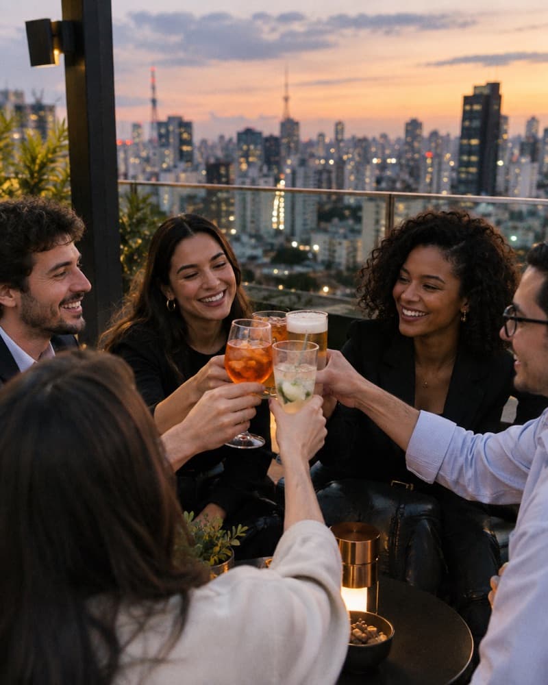 Colegas brindando em um rooftop ao entardecer