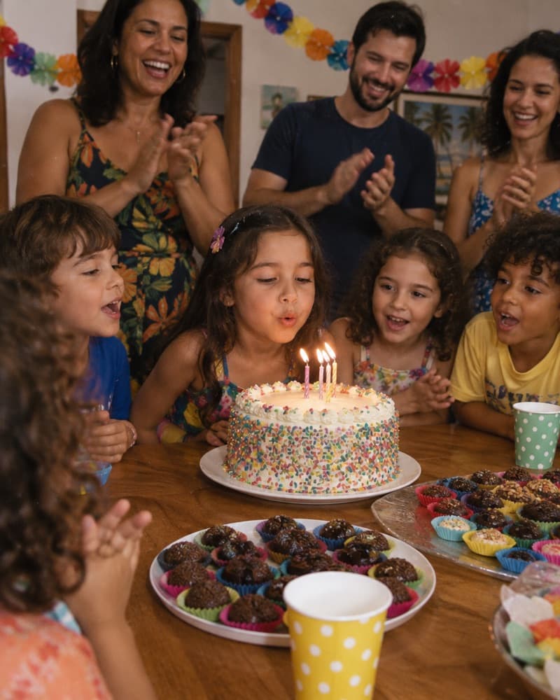 Crianças em volta de um bolo de aniversário colorido