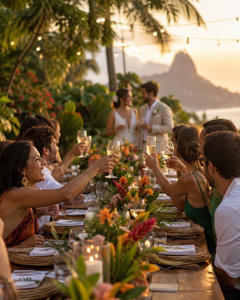Convidados brindando em uma mesa longa ao pôr do sol